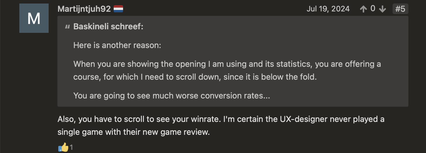 YouTube comment from frustrated user describing difficulty finding play options on Chess.com